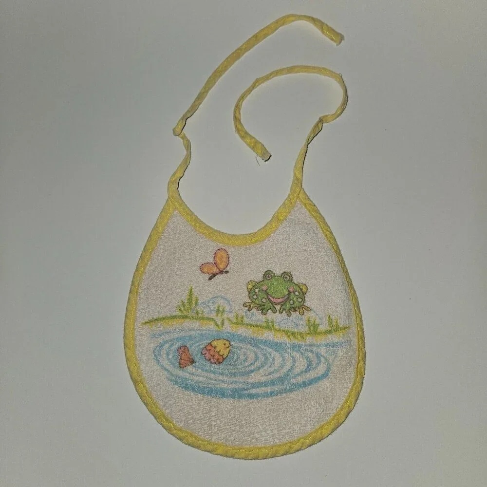 VTG Baby Bib Frog Butterfly Fish Water Yellow Trim
